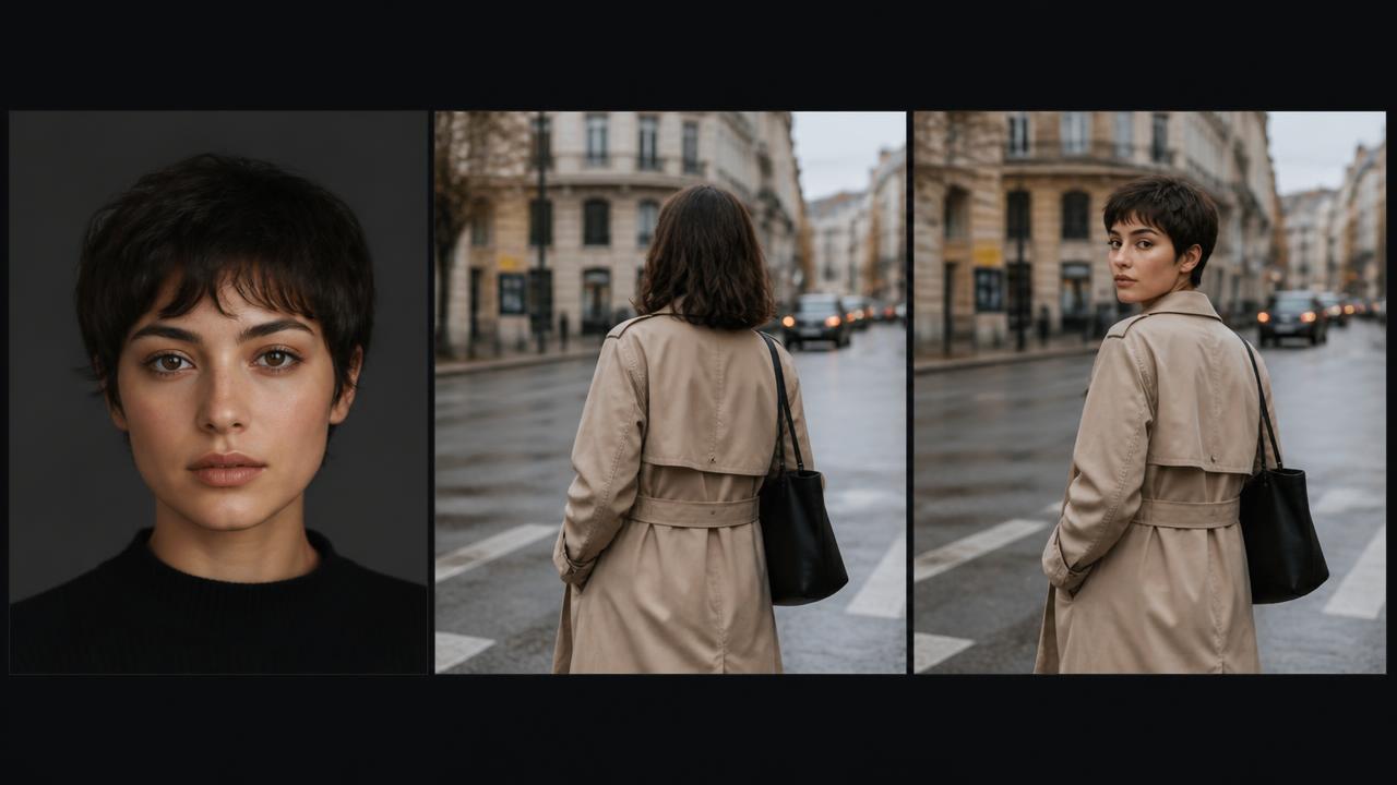 A studio portrait, a street photo, and the same street photo with the portrait's face swapped in