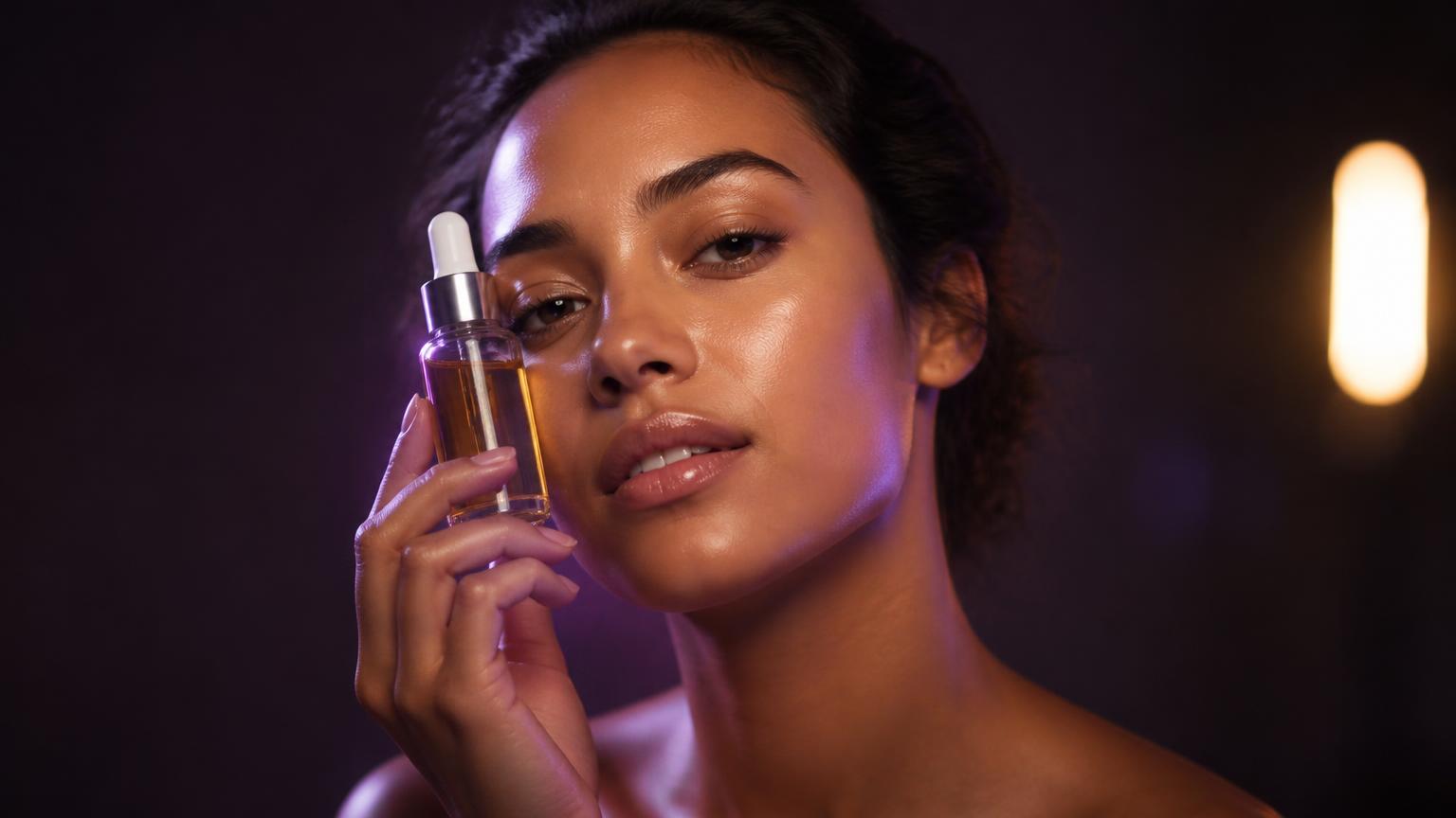 Frame generated with Draftless: a skincare commercial still lit in violet and amber