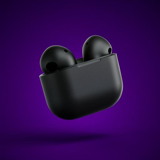 Generated product still of matte black earbuds on a violet backdrop