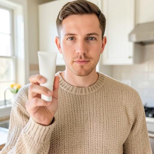 Generated UGC still of a creator holding a skincare tube in a sunlit kitchen