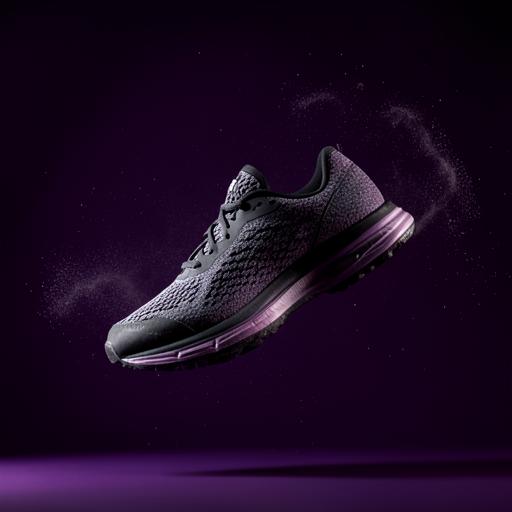 Generated advertising still of a running shoe suspended in violet dust