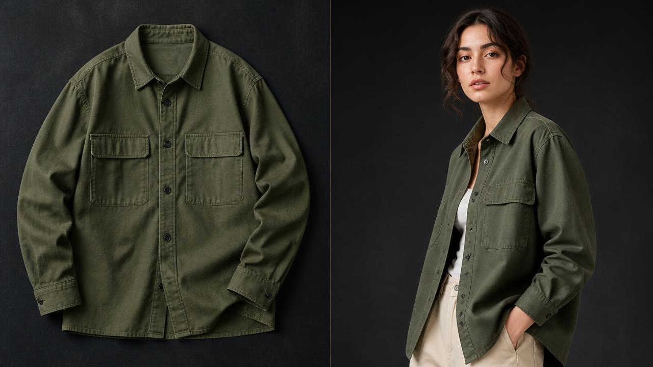 A garment flat-lay next to the same garment worn by a model, produced by virtual try-on