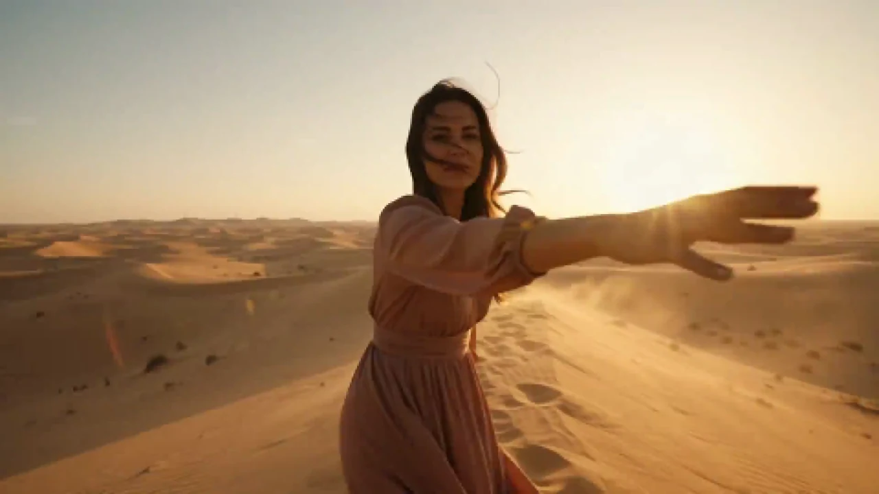 A woman on a desert dune at sunset, 720p render